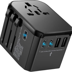 Bulk Packaging Universal International Travel Charger 2 USB-A & 3 Type C Ports 5.8A Output with Nylon Pouch Black